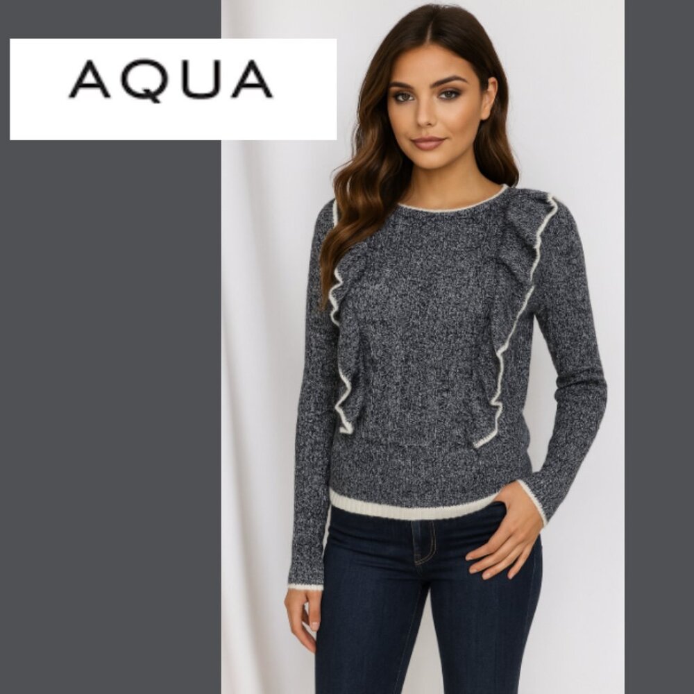 Aqua Pointelle Ruffle Crewneck Sweater Heathered (Size XS)